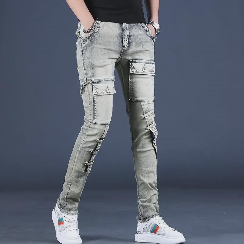 Men's American Retro Washed Slim Fit Workwear Jeans - Skinny, Scraped Edge for Spring & Autumn
