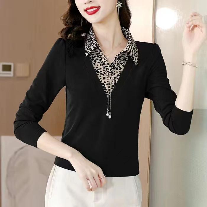 New Fashionable T-shirt for Women's Fake Two-piece Tops Long-sleeved Mother Spring and Autumn Clothes T-shirt Small Shirt Large Size Base Shirt
