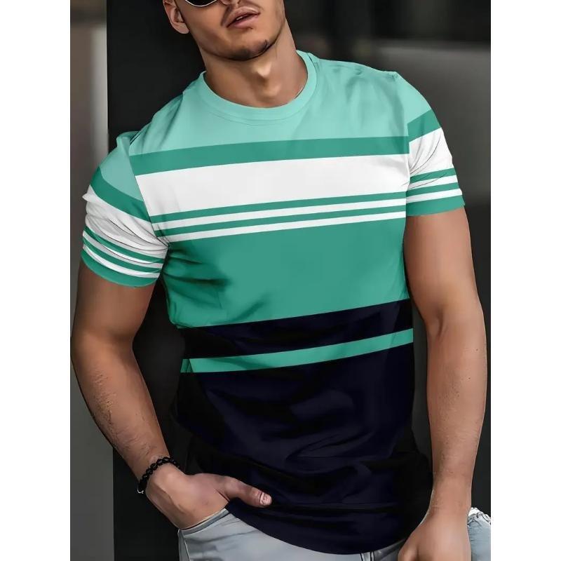 Fashion Men s Crew Neck Short Sleeve 3D Stripe Color Printed Crew Neck T-Shirt XS