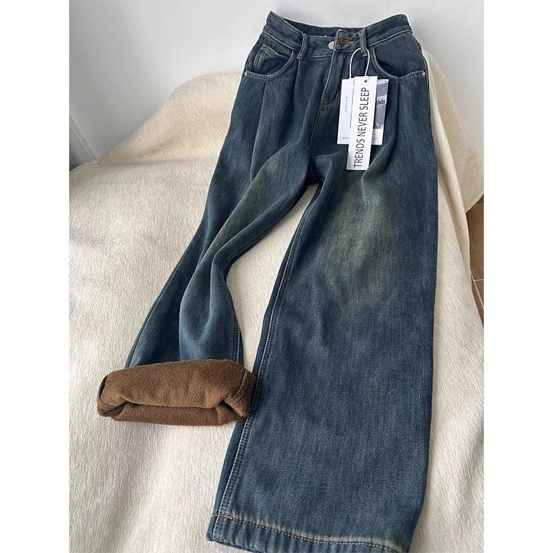 Women's Retro Plus Velvet Wide-Leg Jeans - Plus Size, Slimming, Autumn/Winter