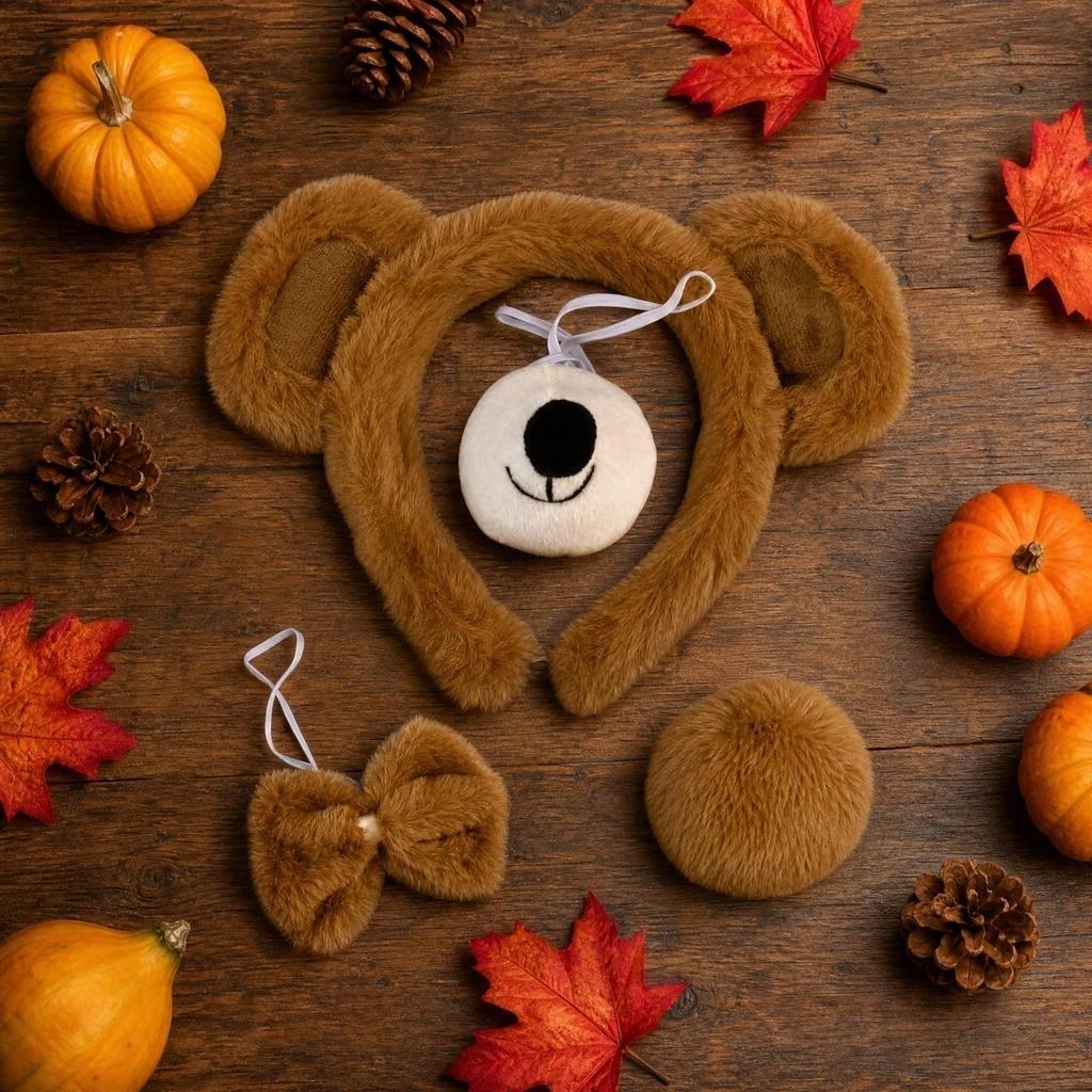 Halloween Plüschbär Kostüm Zubehör Set - Stirnband, Nase, Krawatte, Schwanz