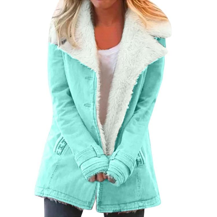 Long Sleeve Casual Padded Cotton Jacket Warm Button Coat Women Fashion Top M синий