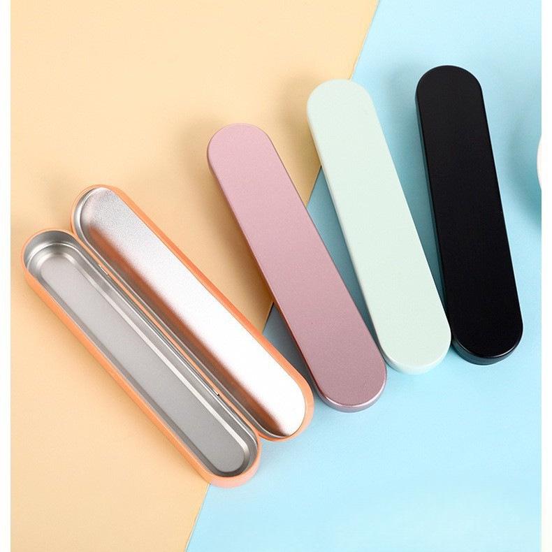 Creative Metal Pencil Case: Black Silver Rectangular Flip Tin Box for Students