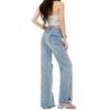 Spring Summer Rhinestone Ripped Split Hem Narrow Wide Leg Slim Straight Trendy Floor Denim Pants Women Casual Pants Oversize Denim Trousers