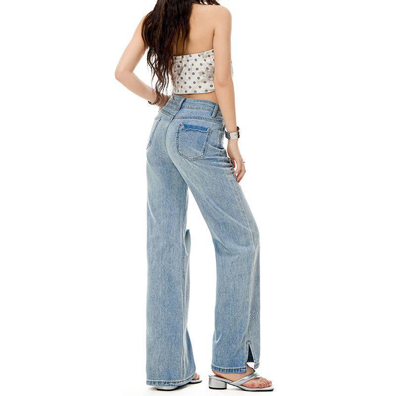 Spring Summer Rhinestone Ripped Split Hem Narrow Wide Leg Slim Straight Trendy Floor Denim Pants Women Casual Pants Oversize Denim Trousers