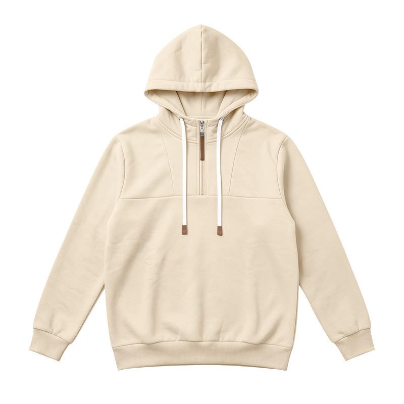 Men's Half‑Zip Fleece Hoodie, Leather‑Tip Drawstrings, Ribbed Cuffs & Hem, Relaxed Fit Casual Pullover Sweatshirt