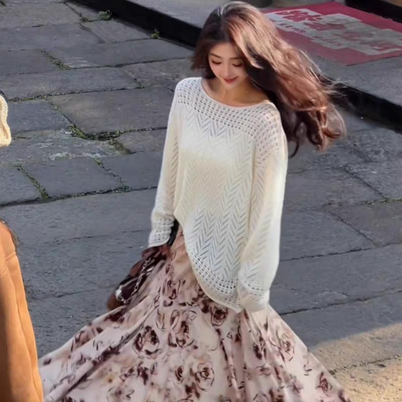 2026 Loose Knit Hollow Out See Through Blouse Summer Women Solid Color Crochet Openwork Top Long Sleeve O Neck Knitted T-shirt Vacation Style Tee