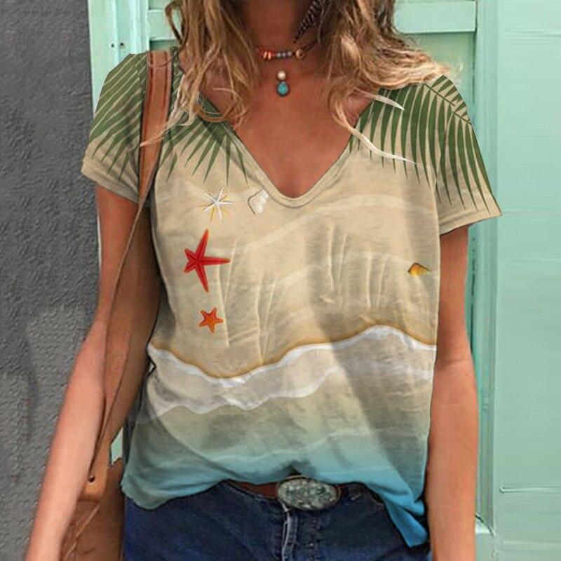 2023 Summer Beach Print Women T Shirt Tops Short Sleeve V-Neck Casual Tshirts Loose Streetwear Tees Women Clothing Blusas 25699