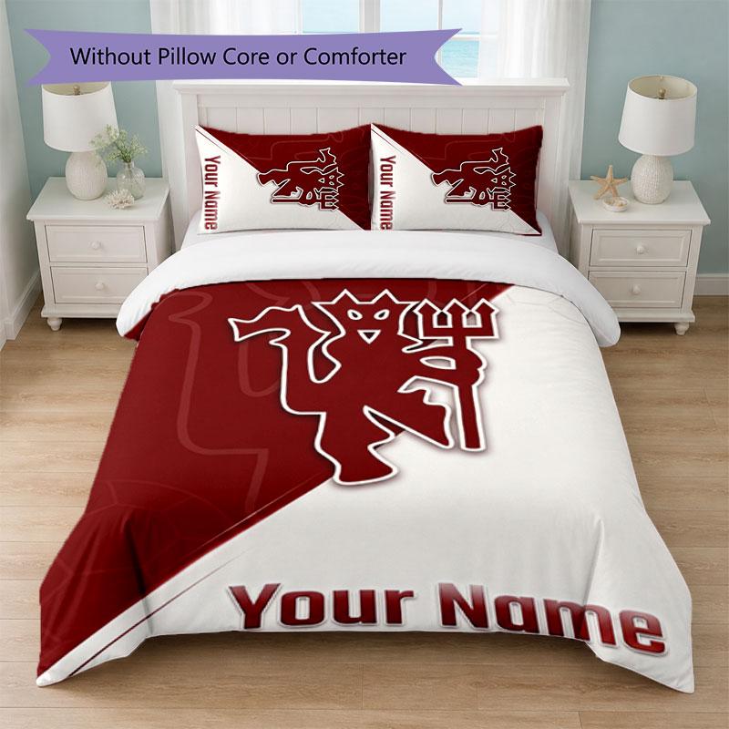 Juego de Ropa de Cama Personalizado Manchester United con Nombre y Texto 1 Funda Nórdica + 2 Fundas de Almohada Logo de Fútbol Regalo Personalizado para Ocasión Especial Decoración de Dormitorio