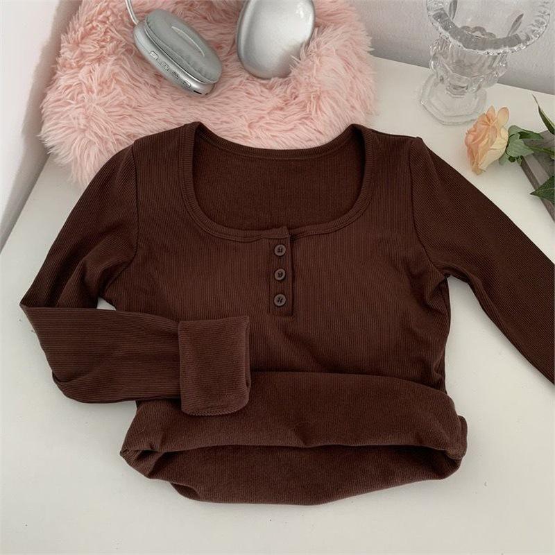

Women s Square Neck Straight Shoulder Long Sleeve Brushed T-Shirt, 2023 Autumn/Winter Slimming Warm Inner/Outer Base Layer Top L (approx. 47.5-60kg) кофейный