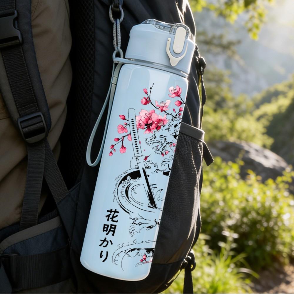 1PC Cherry Blossom Geisha Black Ink Print 750ml Color Plastic Sports Water Bottle Leakproof Flip Straw Lid Suitable for Sports Office Home Use