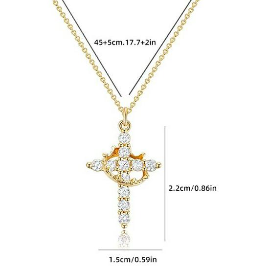 14K Gold-Plated Crown Cross Necklace with Diamonds for Women
