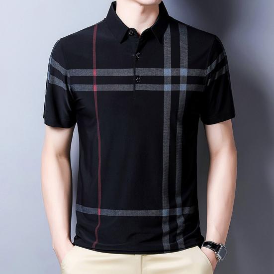 Camicia da uomo a righe a maniche corte con colletto alla coreana e fantasia dritta, T-shirt formale, Abbigliamento quotidiano