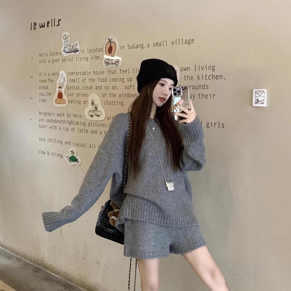 Women's Winter Black Knit Sweater and High-Waist Wide-Leg Shorts Two-Piece Set