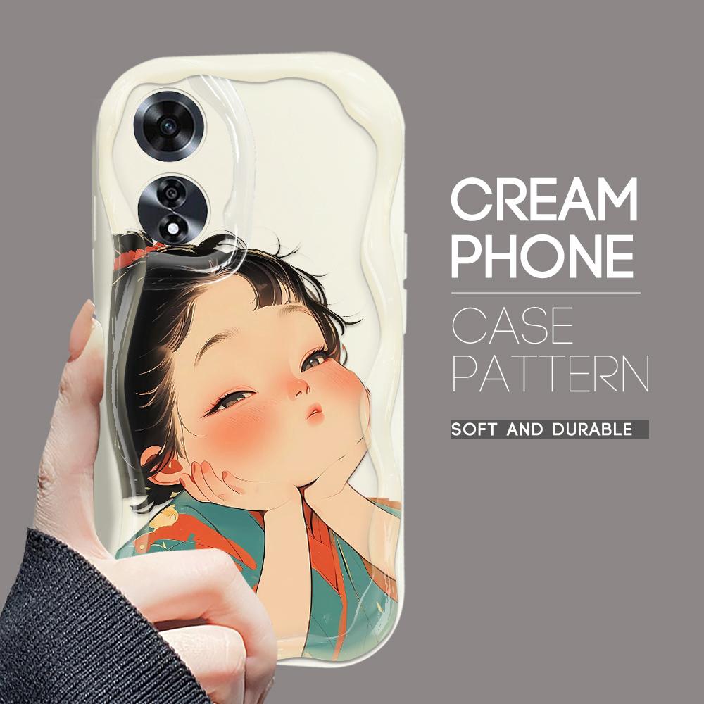 For OPPO A17 A18 A38 A58 A98 Reno7 Z 8Z 8T 11F 11 Pro Realme 12 Lite 12 Pro C30 Cute Girl Cream Texture Soft Silicone Full Lens Protect Phone Case