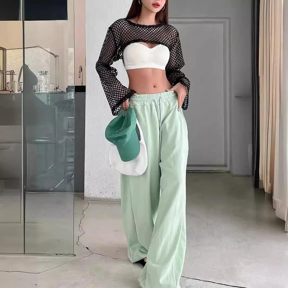 Mesh Solid Color Hollow Top Spring and Autumn Long-sleeved Hollow Ultra-short Casual T-shirt for Women