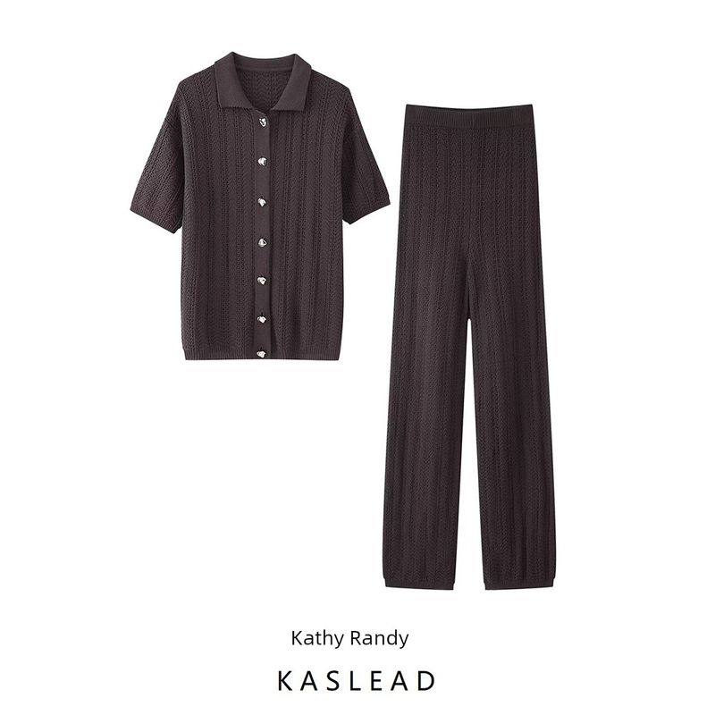 Kaslead New Women Clothes Western Style Texture Knitted Slim Fit Straight Lapel Short Sleeve Shirts Trousers