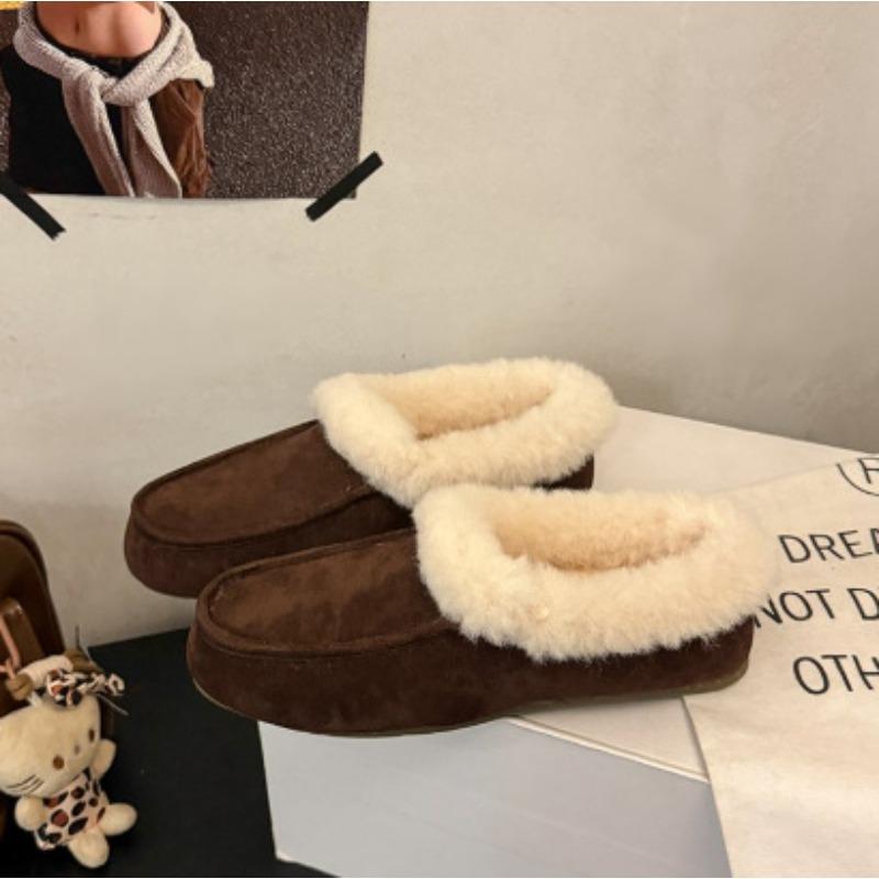 Flat-bottomed warm shoes for women, fur integrated slippers for women, lazy shoes for women in autumn and winter