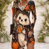 Women s Criss Cross V Neck Long Sleeve White Halloween Sloth Pumpkin Printed Dress