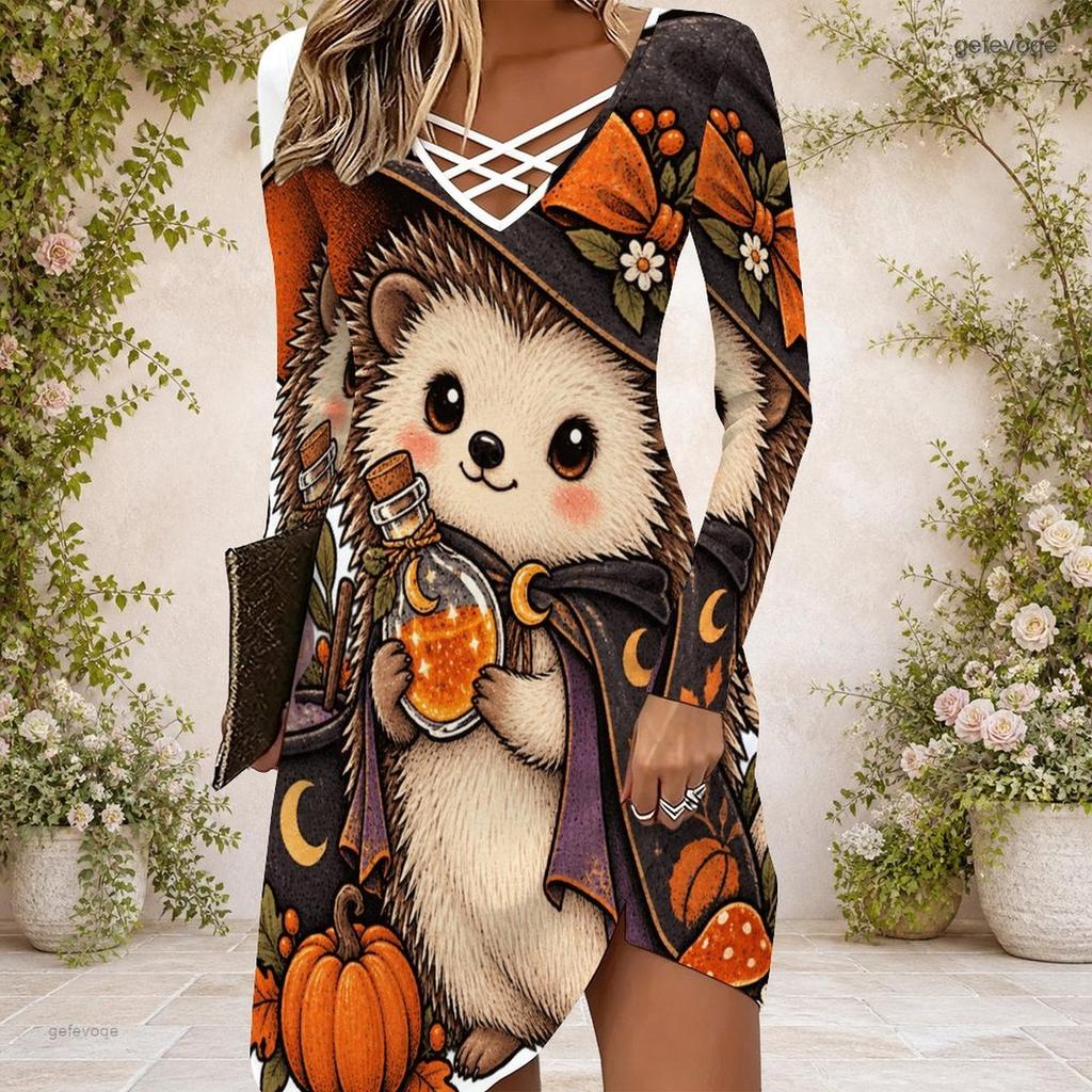 Women s Criss Cross V Neck Long Sleeve White Halloween Sloth Pumpkin Printed Dress