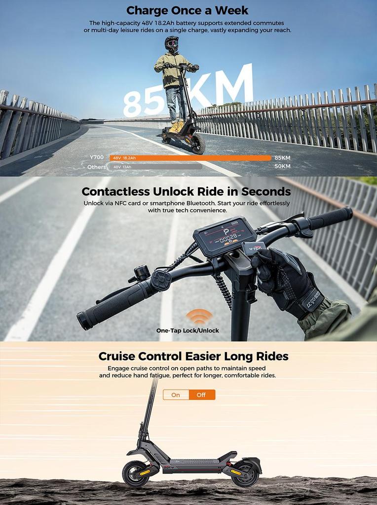 Elektroroller Engwe Y700 10" 1200W Spitzenmotor Vollgefedert Elektroroller für Erwachsene Höchstgeschwindigkeit 20 km/h 48V 18,2AH Schwarz