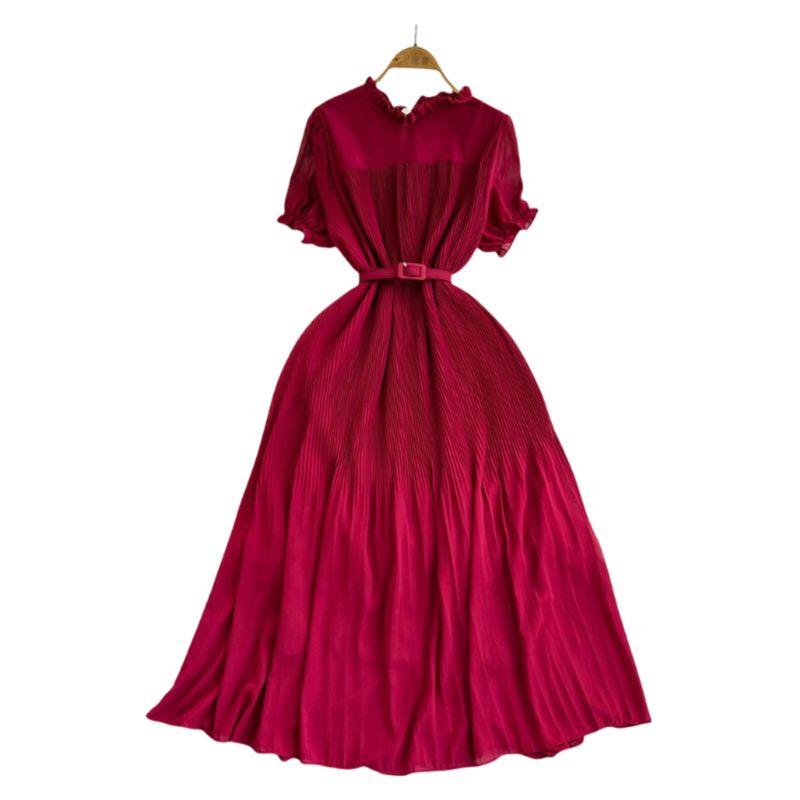 Spring and Autumn New Arrival French Style Retro round Neck Short Sleeves Chiffon Dress Women's Tight Waist Slim Looking Elegant Pleated Midi Dress