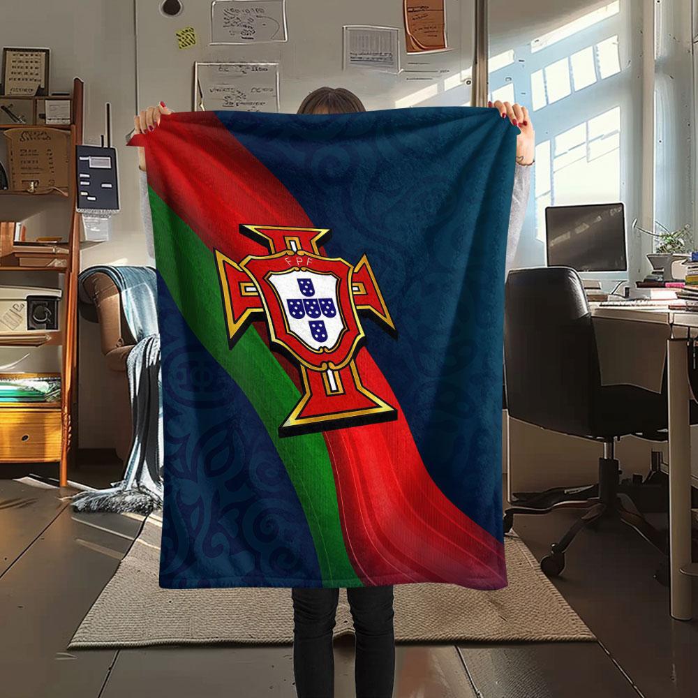 1PC Portugal National Football Logo Patterned Flannel Blanket Suitable For All Seasons for Home Decor Warmth and Comfort Gifts Holiday Present
