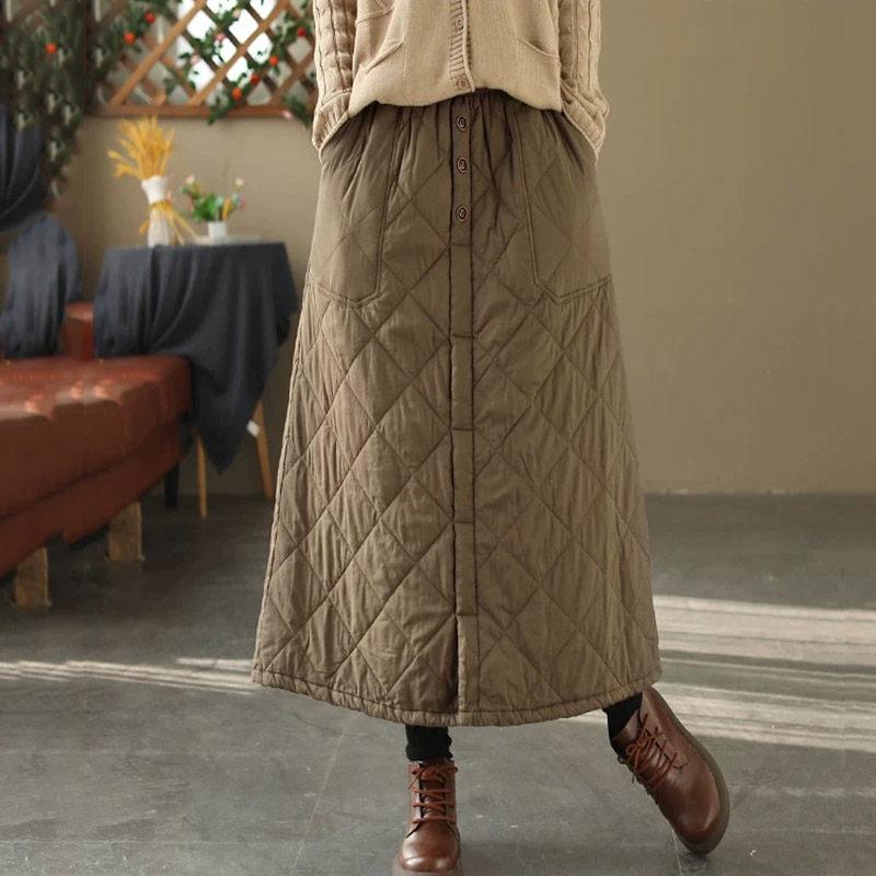Retro Mom Diamond Grid Quilted Skirt Winter Warm Large Size Women's Clothing Casual High Waist Casual Cotton Skirt