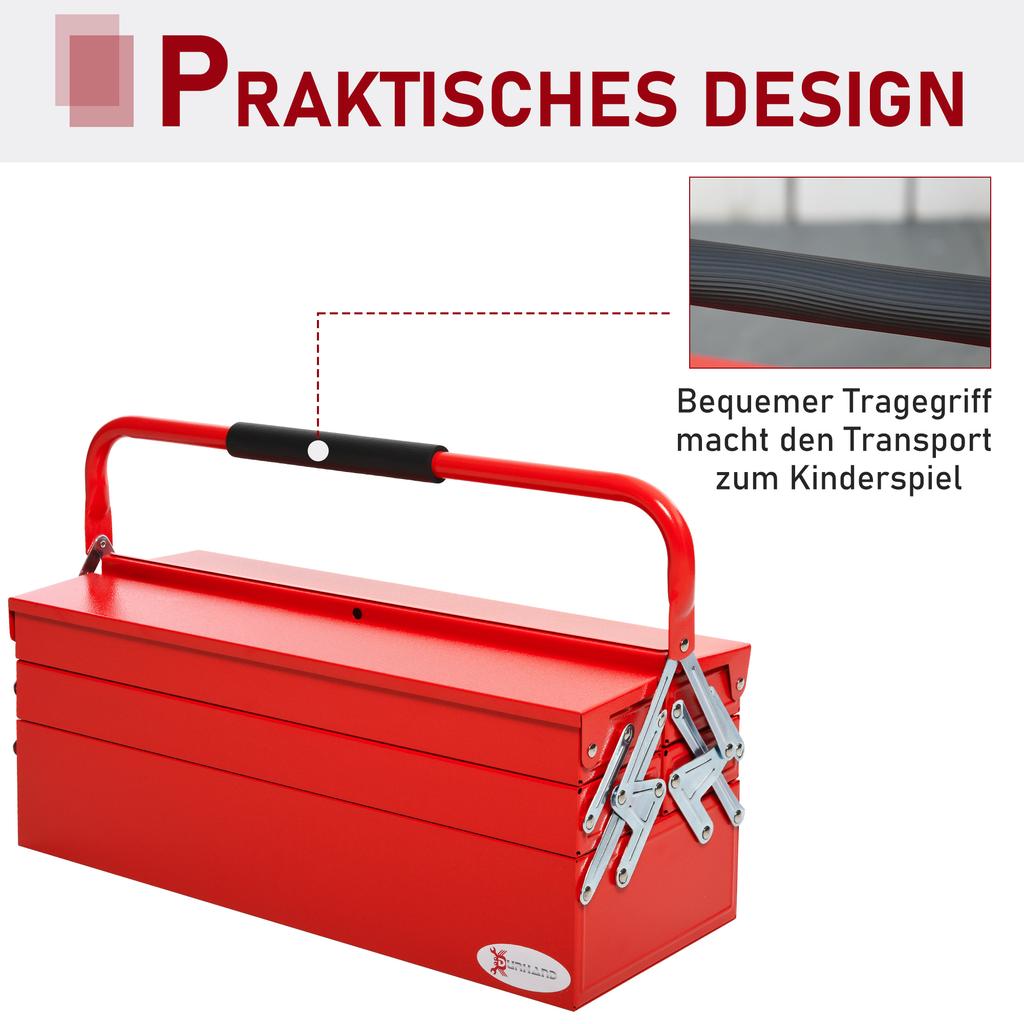 Hinged Steel Tool Chest with 5 Compartments, 56x20x41 cm, Red