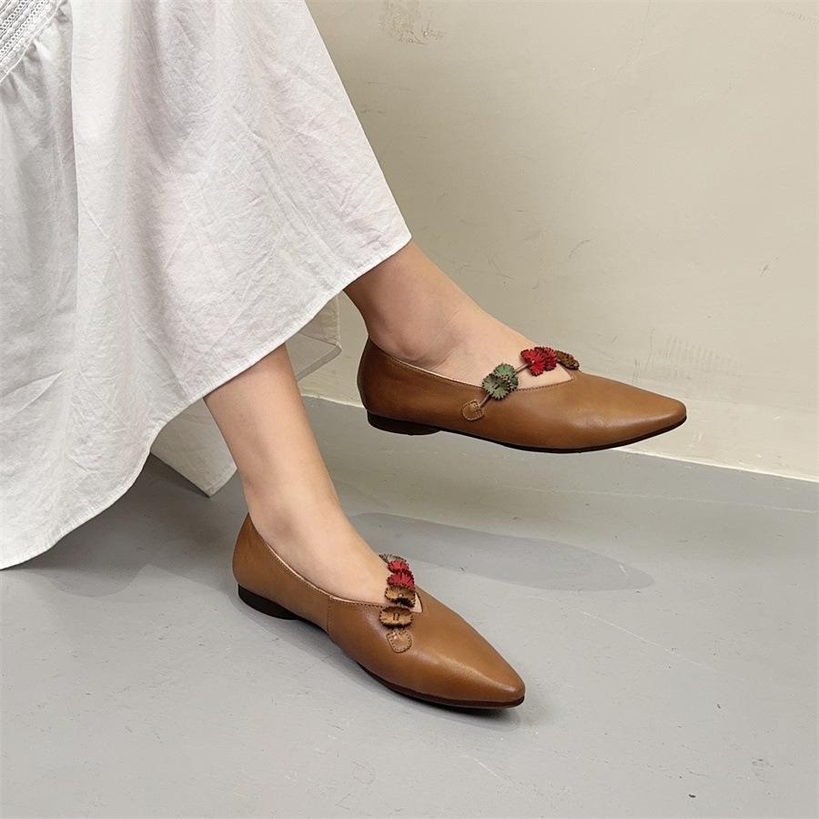 Johnature Flower Retro Pointed Toe Shallow Flat Shoes Ethnic Style Genuine Leather Women's Shoes