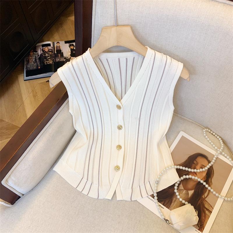 Summer Retro Striped V-Neck Sleeveless Single-Breasted Knitted Vest For Women