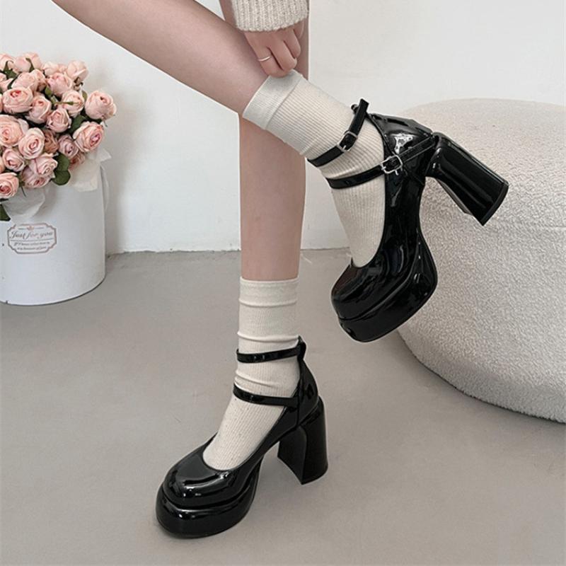 Trendy High Heels  Autumn New Mary Jane Solid Color Thick High Heels Double Button Design Comfortable High Heels Women's