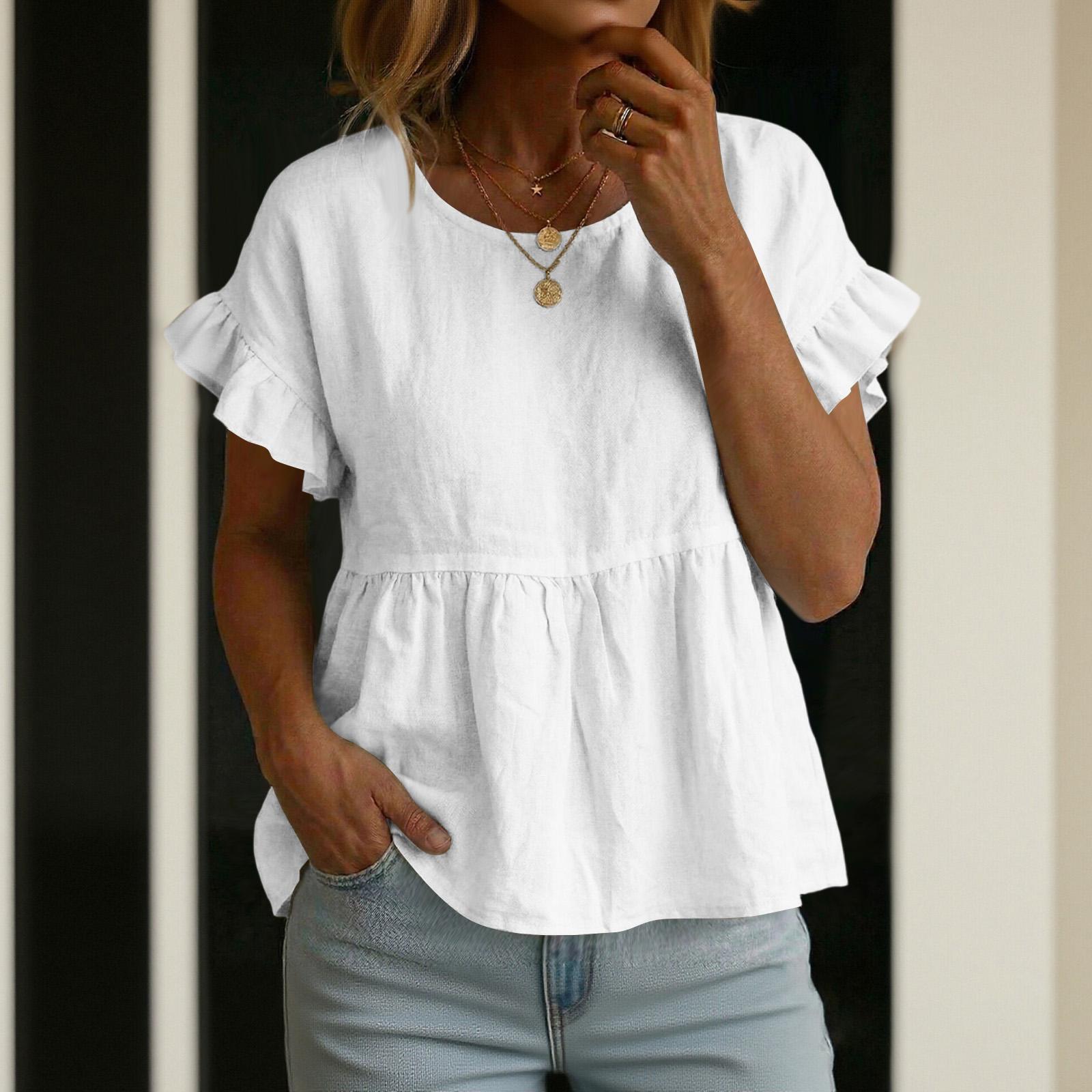 

Women s Short-sleeved Round Neck Cotton Linen Color Loose Top XL білий