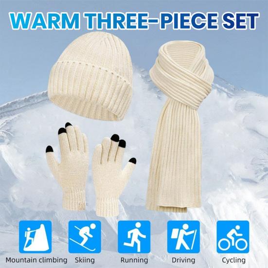 3 Pcs/Set Winter Hat Scarf Gloves Set Unisex Knitted Thick Warm Stretchy High Sensitivity Touch Screen Solid Color