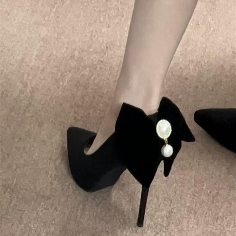 Black waterproof table super high heels women's pointed head thin heel bow pearl single shoes 11CM