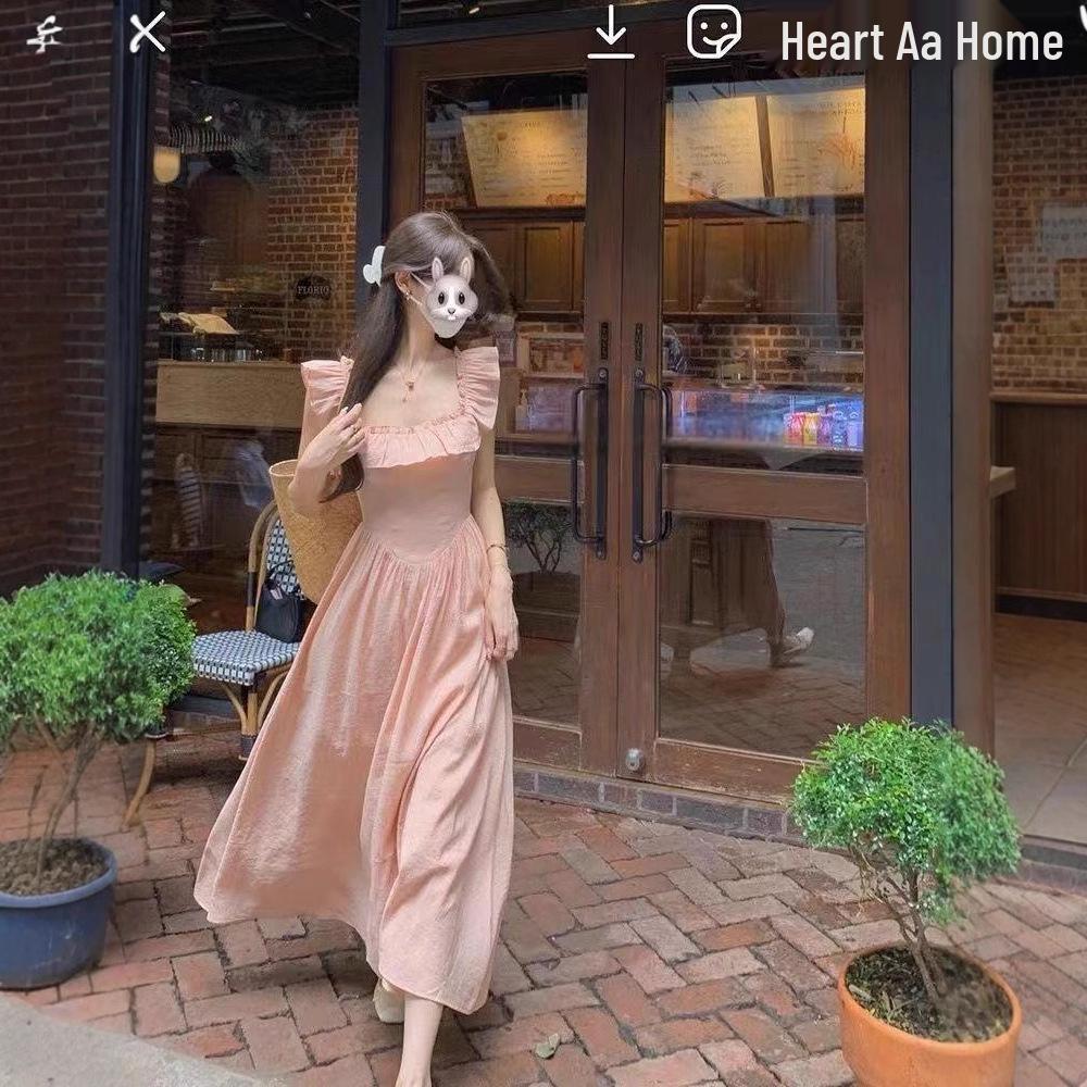 

Ruffled Square Neck Sleeveless Dress: Korean Style Summer Maxi with Waist-Hugging Fit Large