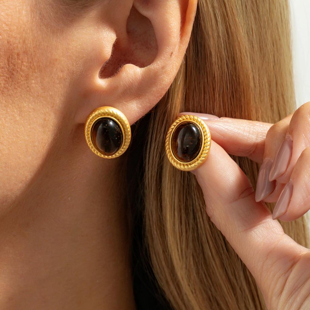 Vintage Geometryczne Okrągłe Kolczyki Sztyfty z Kamieniem Tygrysiego Oka Modne Plisowane Kolczyki z Płynnego Metalu