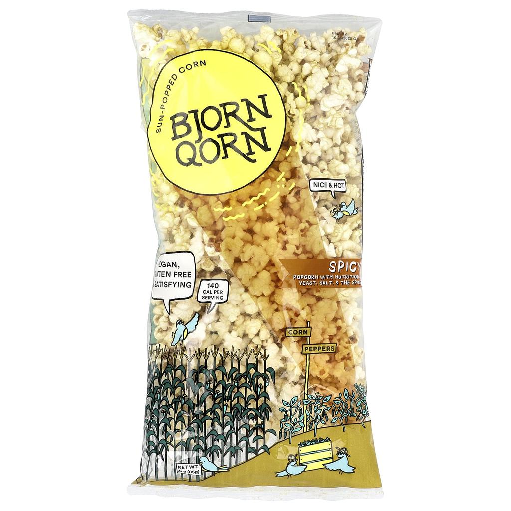 BjornQorn, Sun-Popped Corn, Spicy, 3 Oz (85 G)