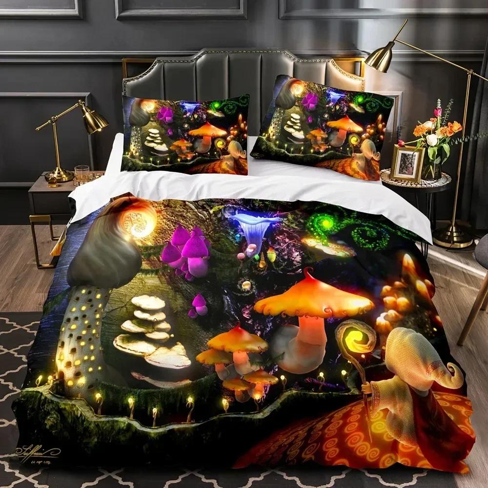 Top Mushroom Fairy Forest Magic Lilliputian Fungus Plant Bedding Set For Twin Queen Size Duvet Cover Pillowcase Bed Kid Adult