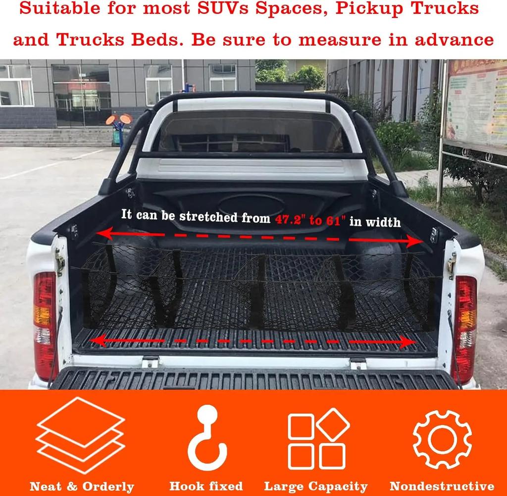 SJL4 For Dodge Ram 1500 2500 3500 4500 5500 Pickup Van 3/4 Pocket Cargo Net Trunk Luggage Storage Organiser Mesh Car Accessories