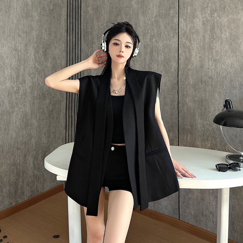 Women Summer High Sense Minimalist Sleeveless Blazer Fashionable Collarless Vest Blazer Jacket Casual Trendy Outerwear Top