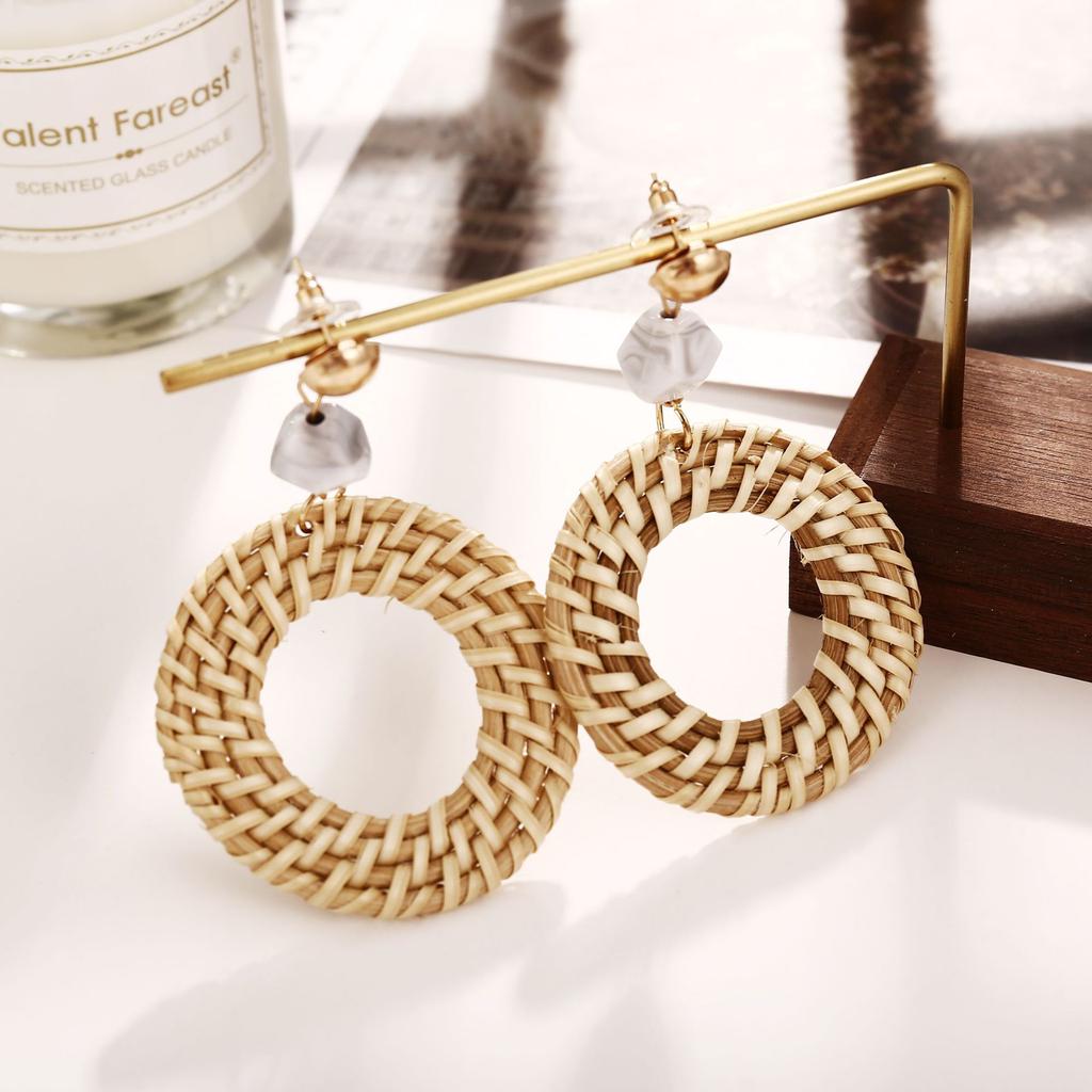 Women Men Retro Style Round Weave Wooden Earrings Beige Eardrop