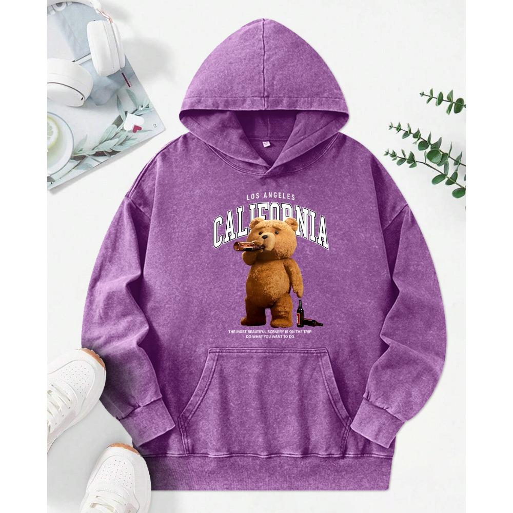 

A Bear Drinking Beer Kawaii Print Washed Hoodies Female Autumn Cotton Pullover Pocket Oversize Hoody Womenwear 3XL
