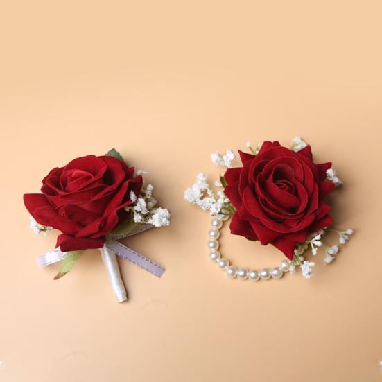 Europäisches Weißes Rosen-Anstecker & Handgelenk-Gesteck Set, Künstliche Seidenblume für Bräutigam Braut Brautjungfer, Outdoor-Hochzeitsfeier Dekoration