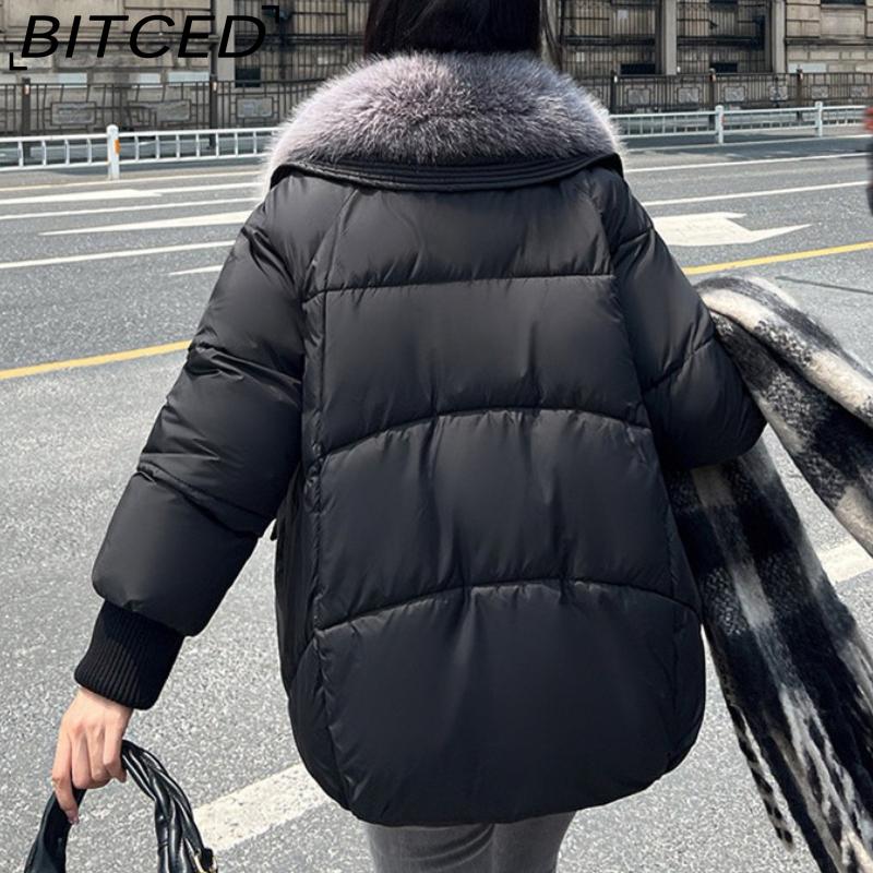 BITCED Women's Short Down-Filled Cotton Jacket with Oversized Fur Collar - Winter Fashion Coat