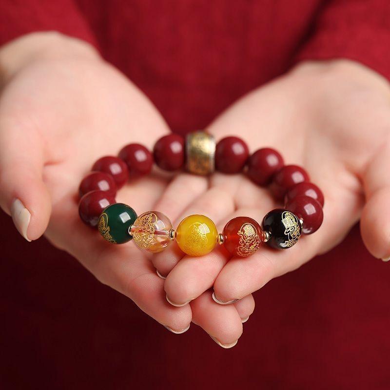 Браслет из цинобарового агата «Бог Богатства Пяти Путей»: Фиолетовый Золотой Песок Зодиак Подарок Wealth God + Guardian (8mm)