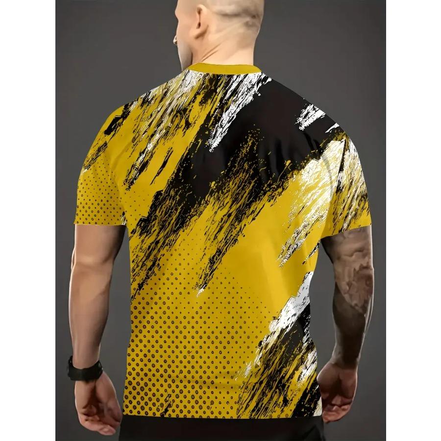 Men Cool Contrast Color 3D Print T-shirts for Tie Dye Stretch Polyester Sportwear Short Sleeve Tops Summerwear