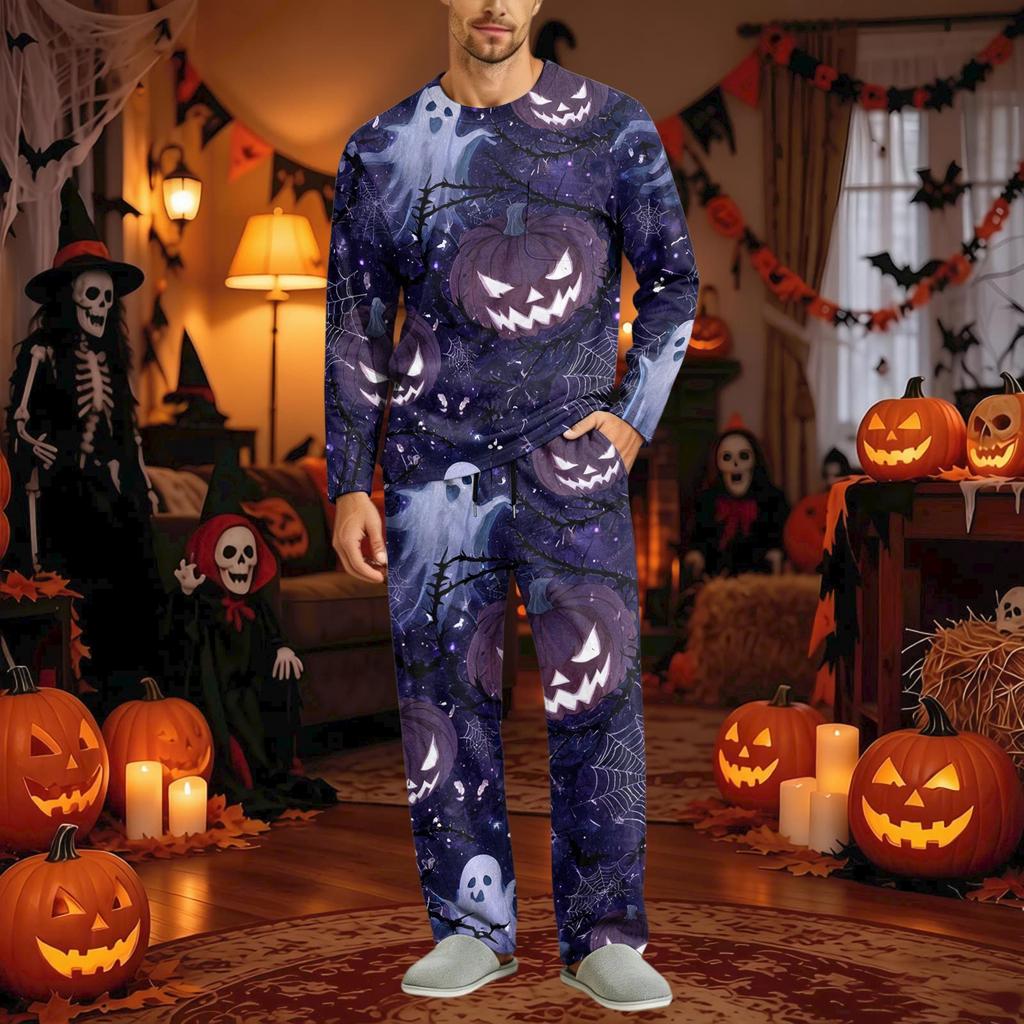 Men's Halloween Pajama Set Long Sleeve Long Pants with Crotch Buttons and Elastic Drawstring Waist