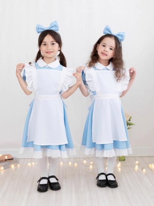 Alice In Wonderland Maid Costume Girls Blue White Sister Birthday Princess Dress with Headband