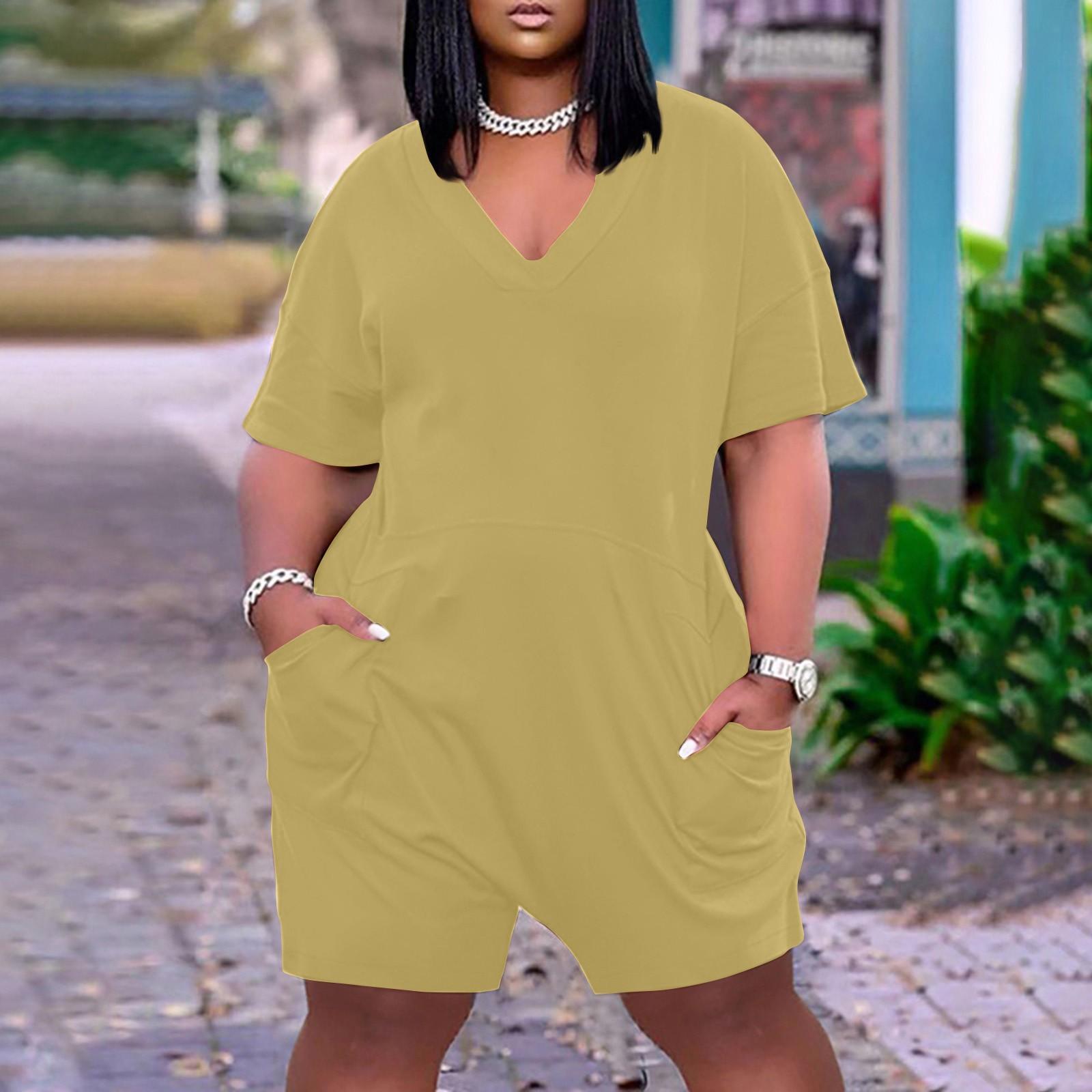 

Летний плюс размер V-образным вырезом с коротким рукавом и карманом до колена, повседневный комбинезон для женщин XL